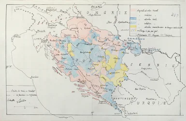 少数民族が居住する地域の詳細を示したボスニアの地図、1910年