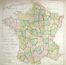 1789年に部門を分割する計画を示すフランスの地図（カラーリソ＆インク）
