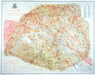 1854-71年のパリにおけるオスマン期の開発工事の範囲を示す地図、1871年