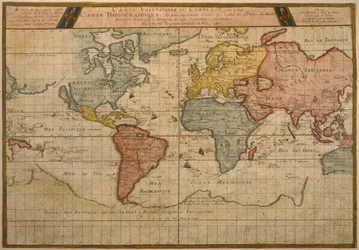 1686年にパリで発行されたピエールデュヴァル（1619-83）による地図、世界の貿易輸送ルートを示す地図（カラー彫刻）