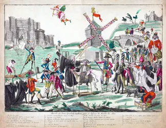 現代のドム・キホーテの行進 濫造のミルの脱走のために」1791年発行（手彩色のエッチング