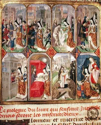 マーガレット・オブ・ヨーク（d.1503）ブルゴーニュ公シャルルの第3夫人（1433-77）慈善行為を行う（「ミゼリコルデのための教訓」より）（vellum）。