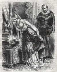 マルゴット王妃ことマルグリット・ド・ヴァロワ（1553-1615）は、恋人のジュリアン・ド・レリスを金庫の中に隠している。その様子を夫であるフランス王アンリ4世（1553-1610）が楽しそうに観察している。16世紀。Heによる「Histoire Des Cocuses Celebres」に掲載された1871年のエングレーヴィング。