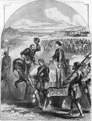 イギリスのエリザベス1世に甘えるマリー・スチュアート。Histoire Populaire de la France", sd. 1885年頃。エングレーヴィング。