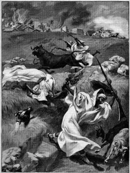 トゥアットの虐殺（北アフリカ）。1891年11月12日付 "La Terre Illustree "54号に掲載された版画。