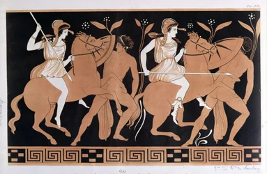 古代ギリシャの花瓶の後、馬に乗ったアマゾンと戦っている男性