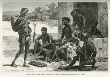 男と女と食器（ルワンダ、ビエ地方）。1877年から1878年にかけて、セルパ・ピント少佐が『Tour du monde』誌に発表した、大西洋からインド洋に至るアフリカ横断の物語を説明するためのD.Maillartによるエングレーヴィング。