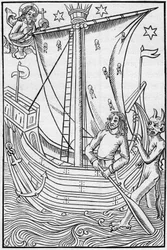 海の危険にさらされた中世の商船。Engraving In "La Marine et les colonies: commerce"