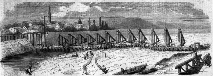 気象現象：1858年のライン川の乾燥。ケール橋（ドイツ）からフランス沿岸の下流を撮影したもの。1858年3月27日付「Le Monde Illustré」50号に掲載された版画。