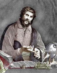 ミシェル・ド・ノストレダム、別名ノストラダムス（1503-1566）フランスの占星術師、医師、エングレーヴィング、カラー化された文書