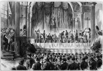 1858年の徴兵：パリのホテル・ド・ヴィレのサン・ジャンの部屋で行われた徴兵の抽選会。1858年2月13日付「Le Monde Illustré」44号に掲載された図版。