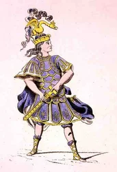 ジャン・ラシーヌ（1639-99）作『オウリスのイフィゲニア』のアキレス役のムッシュ・ル・カイン 1679年（カラーエングレーヴィング