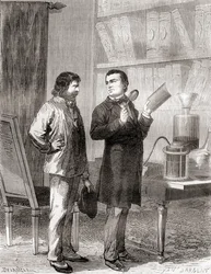 右は1838年にガルバノプラスティック（電気タイピング）を発見したモーリッツ・フォン・ヤコビ（1870年頃に出版された「Les Merveilles de la Science」より）。