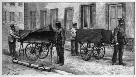 パリの遺体安置所：遺体を安置所に運ぶためのアームカー。ラ・ネイチャー」に掲載された版画。科学とその芸術・産業への応用に関する雑誌」に掲載。