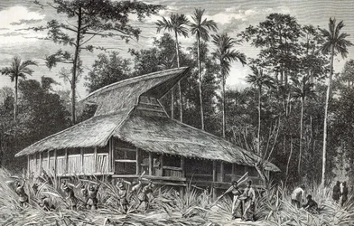 ニューギニア、ドディンガのモスク、ルツアーデュモンド誌のイラスト、1879