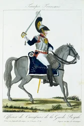 パブTroupes Francaises出身のロイヤルガードのキュイラシェの騎馬将校。 chezバセット、パリ、c.1790