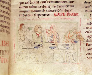 Ms.1215 t.3 fol.158v、食事とジュディスとホロフェルネス、エティエンヌハーディングの聖書、1109