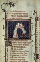 Ms 1126 fol.8r Youth and Love Embracing、from Le Roman de la Rose by Guillaume de Loris and Jean de Meung