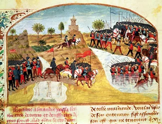 Ms 1335 f.62vアレクサンドル大王（紀元前356-323年）がヴィーダレクサンドルルグランドからチグリス川とユーフラテス川を横断した方法