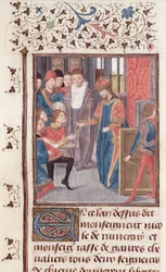 Ms 149 t.3 fol.95v二人の騎士の任命、ジャックドギーズ作「貴族の歴史」より