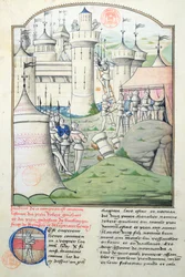 Flour des Histoiresのミニチュア、第1十字軍の時のGodfrey de Bouillonと十字軍による1099年のエルサレムの1560年捕獲