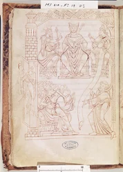 Ms 210 fol 19v。モンサンミシェル修道院：ノルマンディーのリチャード2世公爵が1150年代にモンサンミシェル修道院に土地と特権を贈った