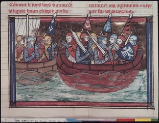 Ms 22495 fol.287外国への乗船、Le Roman de Godefroi de Bouillon、1337年