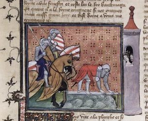 Ms 3480 fol。77 Lancere Crossing the Sword Bridge、from the Livre de Messire Lancelot du Lac
