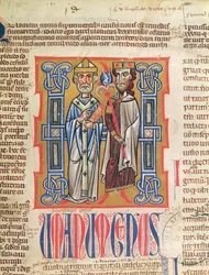 Ms 354 fol.9 14世紀のDecretum Gratianiの司教と王のミニチュア