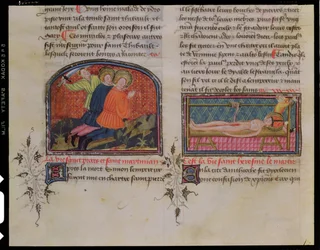 Ms 3682 Jacques de VoragineによるLegenda Sanctorum Aureaの聖ProcessusとSt Martinineianの斬首と聖エラスムスの殉教