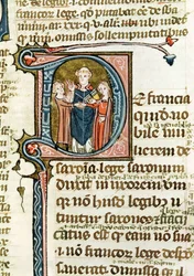 Ms 376 f.320ヒストリーテッドの頭文字Dは、Les Gregoriennesからの結婚を祝福する司祭を描いています