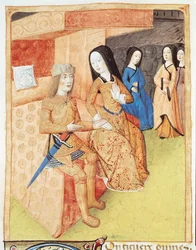 Ms 493 f.74v Aeneas and Dido、ヴァージルの作品（紀元前70-19年）1469