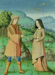 Ms 493 fol.123v AeneasからのAeneasとディドの姉妹であるアンの会合、Serviusによる解説付き、1469