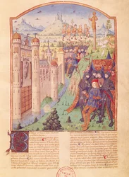Ms 493 fol.1rヴァージルの作品、セルビアス、ブコリクス、キングの要塞に囲まれた彼の玉座に座っている王、フランス、1469