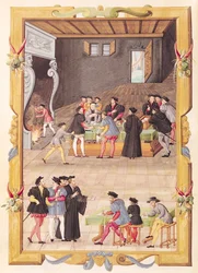 Ms 5169 f.2v公証人の大学のホールの公証人と王の秘書と王の秘書