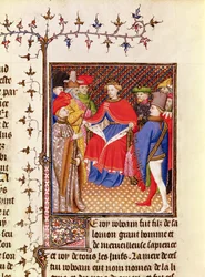 Ms 5193 Fol.52r Rosaneは、ジョヴァンニボッカチオ（1313-75）c.1410によるDe Casibus virorum illustrariumのJean Sans Peur版から、人々からの使節に返信します。