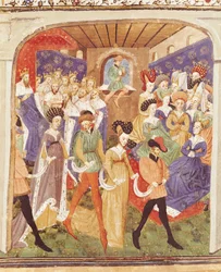 Ms 527 fol.1r Court Ball、Roman du Saint Graalから