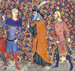 Ms Add 12228 Merlin kahdella seuralaisella, kuvitus Hélie de Boronin teoksesta "Meliadus or Guiron le Courtois"