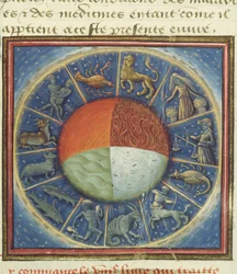 Ms Fr 135 Fol.285地球の4つの要素、黄道帯の12の兆候、Barthelemy lAnglaisによるDes Proprietez des Choses、1445-50