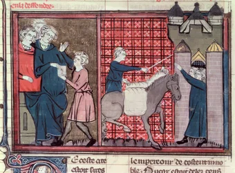 Fr 22495 Fol.37vアンティオキアを救うために派遣されたメッセンジャー、1337年のルロマンデゴデフロワドブイヨン