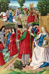 Mr Fr 225 f.120 Louis XII（1462-1515）がブルターニュのアン（1496-1533）と会話中イラストはペトラーク（1304-74）1503によるRemedes de lune et lautre Fortuneから