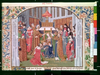Mr Fr 2629 fol.300ヤッファ伯爵夫人（c.1136-88）は、ウィリアムオブタイヤ（c.1130-85）c.1470によってエルサレムの歴史家からルシニャンの男（d.1194）を戴冠しました。