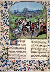 Mr Fr 2645 fol.321v Froissarts Chronicleからのアンジューの若いルイ2世のパリへの進入