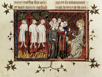 Ms Fr. 5716 fol.246セントルイス、セントルイスの生命と奇跡から、3人の若い貴族を絞首刑に処したとして、判決を言い渡してEnguerrand de Coucy（1228-1311）を非難