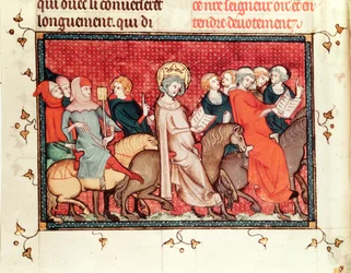 Ms Fr fol.48王が馬に乗っている間彼の時間を口述する、 『セントルイスの生命と奇跡』、c.1330-40