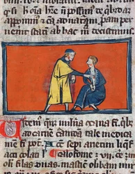 Ms H 89 Rogier de Salerne著のBook of Surgeryから患者の創傷に軟膏を塗る医師