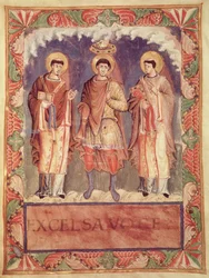 Ms Lat 1141 fol.2vシャルル2世の戴冠式（823-877）とランスとトレフの大司教、サクレメンテアドゥメス（159999も参照）