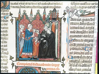 Ms Lat 3893 Fol.98両親が息子を修道院に連れて行くために司教のお金を提供している、1314