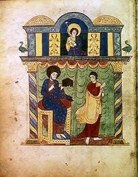 Ms Lat 8878 fol.1v 聖マタイに福音書を渡すイエス。アストゥリアスの僧侶、リーバナのベアトゥス（776年頃）による『黙示録』の解説書より。