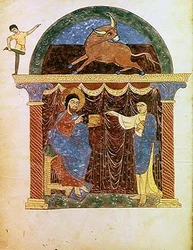 Ms Lat 8878 fol.3v 聖ルカに福音書を渡すイエス、アストゥリアスの修道士リーバナのベアトゥス（776年頃）による黙示録の注釈書より（1028-72年頃）（ベラム製